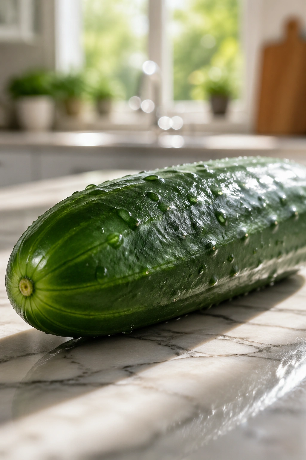 Close-up of cucumber filling the frame on a marble surface