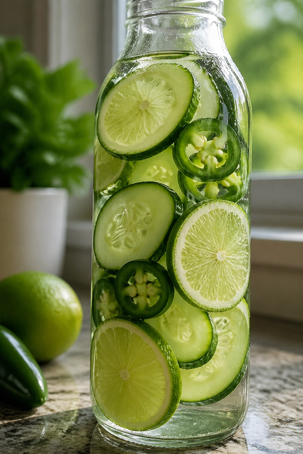 Close-up of cucumber jalapeño lime water in a glass bottle with cucumber and lime slices.