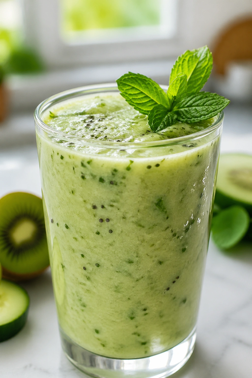 Glass of Cucumber Kiwi Mint Smoothie on bright kitchen counter