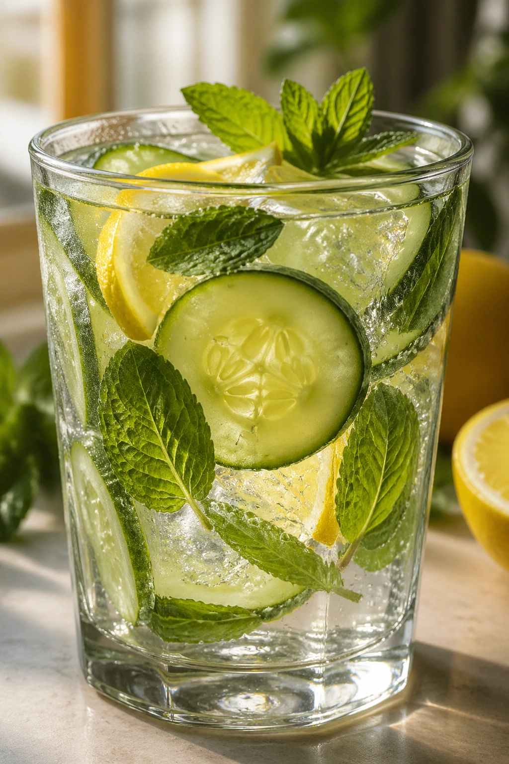Close-up of a cucumber-lemon-mint hydration drink in a glass