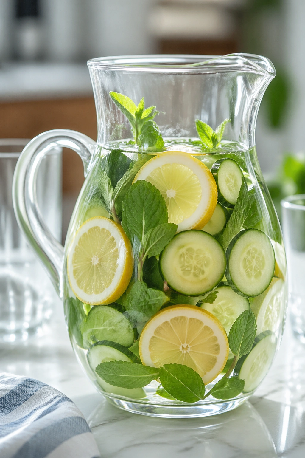 Pitcher of cucumber mint lemon water on a kitchen counter.