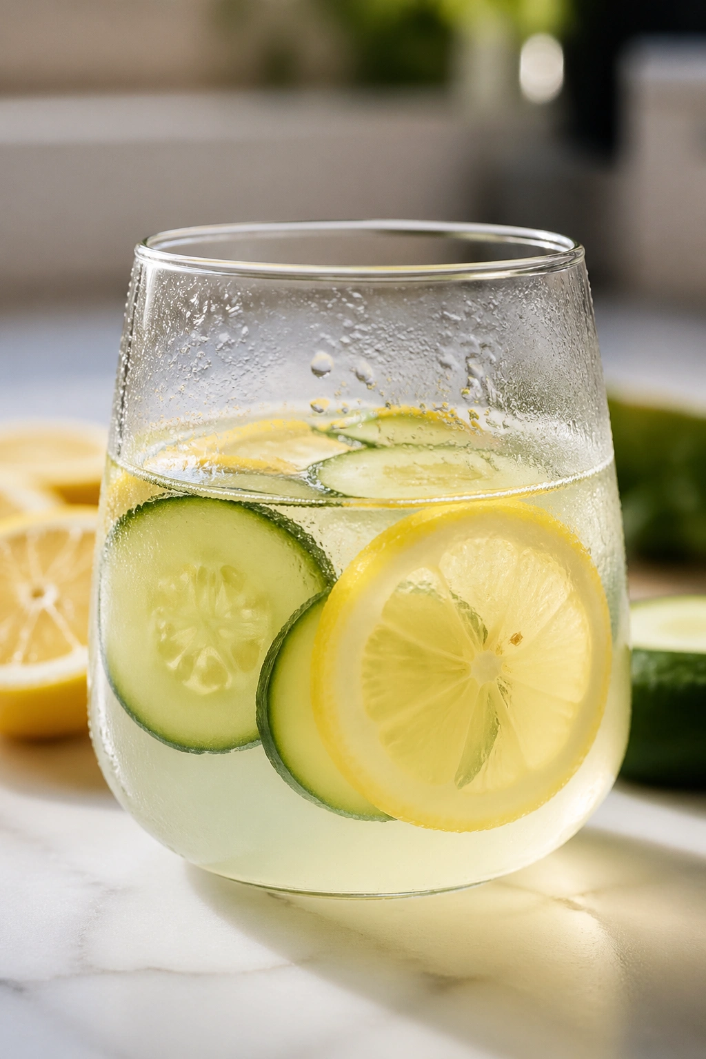 Close-up glass of cucumber lemon spa water with cucumber slices