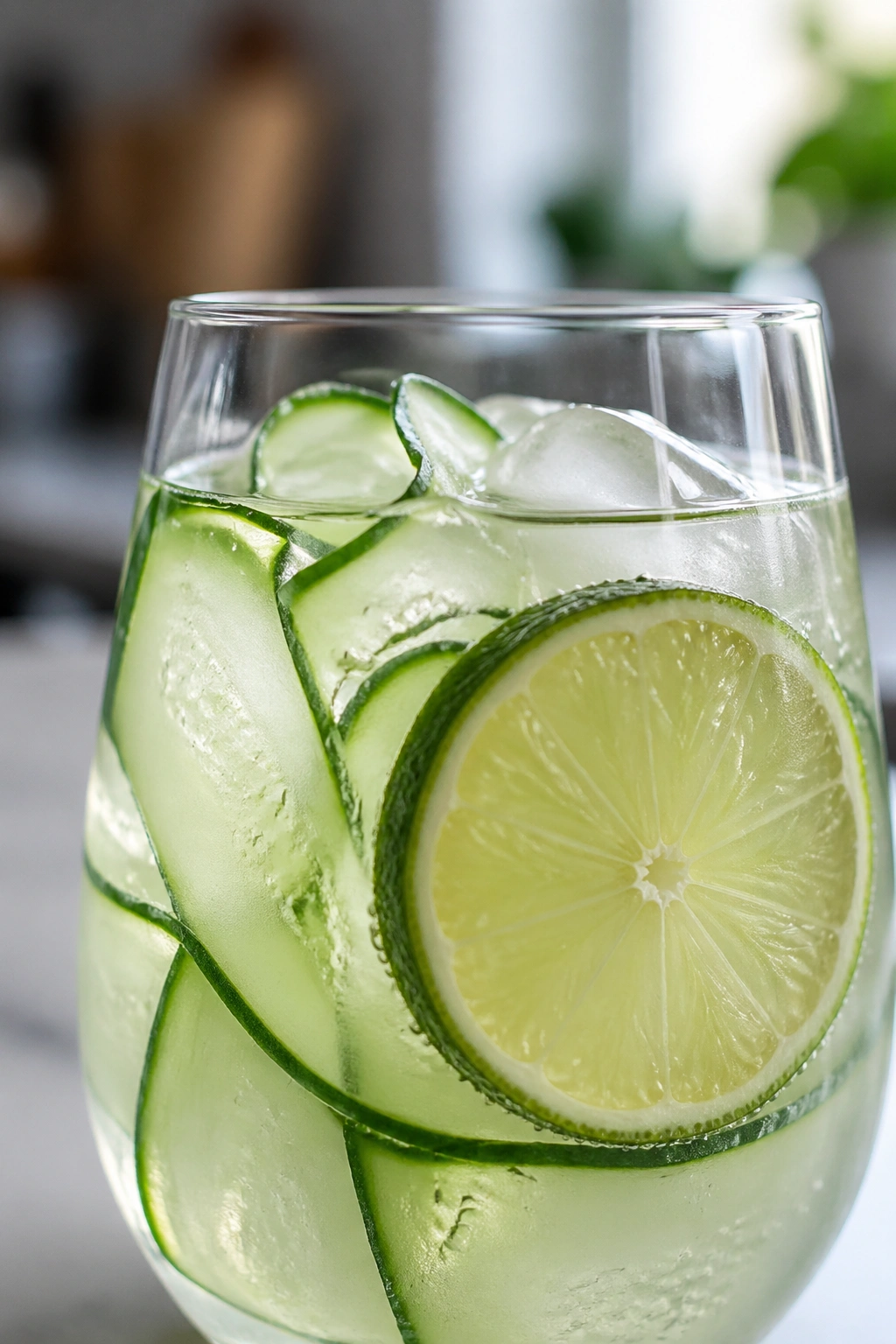 Close-up of cucumber lime salt water in a glass for hydration before workouts