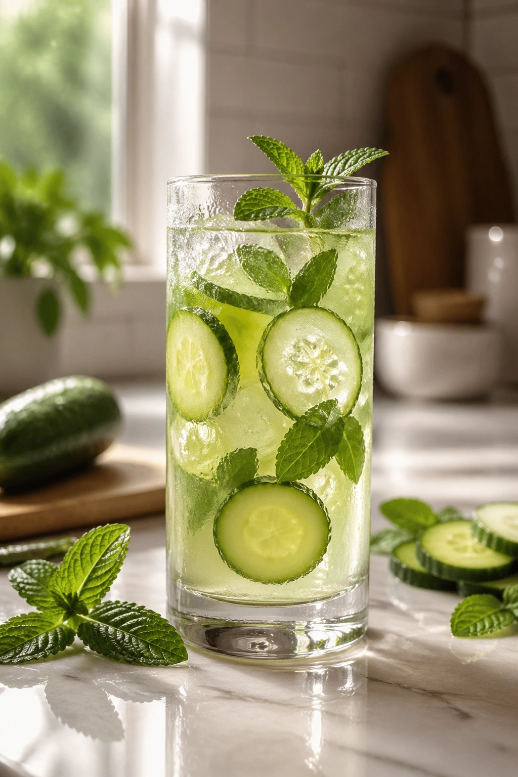 Cucumber mint ACV cooler in a glass with cucumber and mint