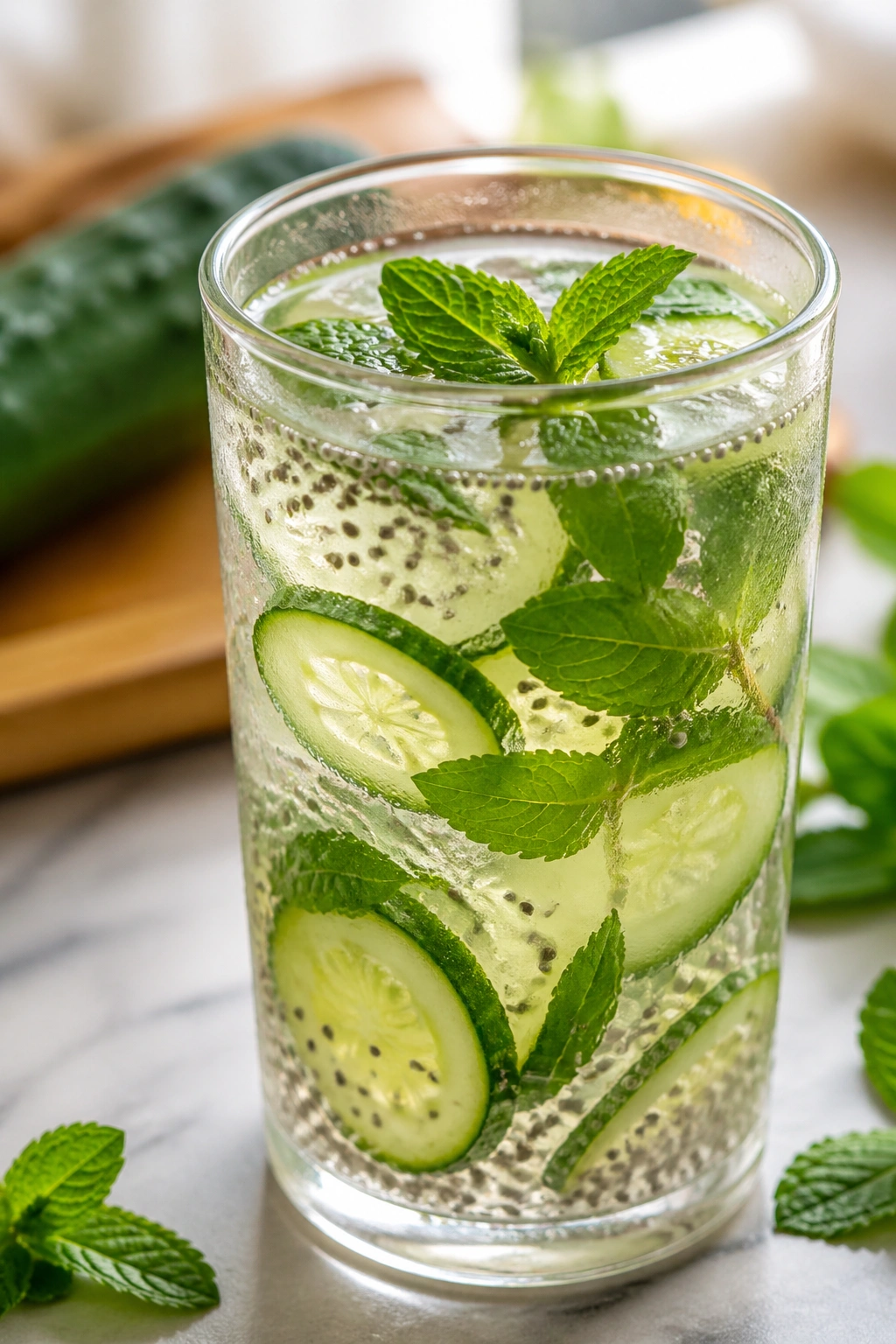Glass of cucumber mint chia cooler with cucumber slices and mint on bright kitchen counter
