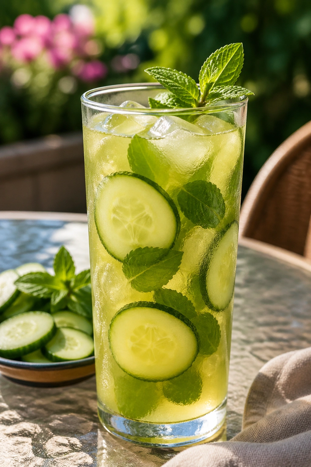 Tall glass of cucumber mint cold-brew green tea with cucumber and mint.