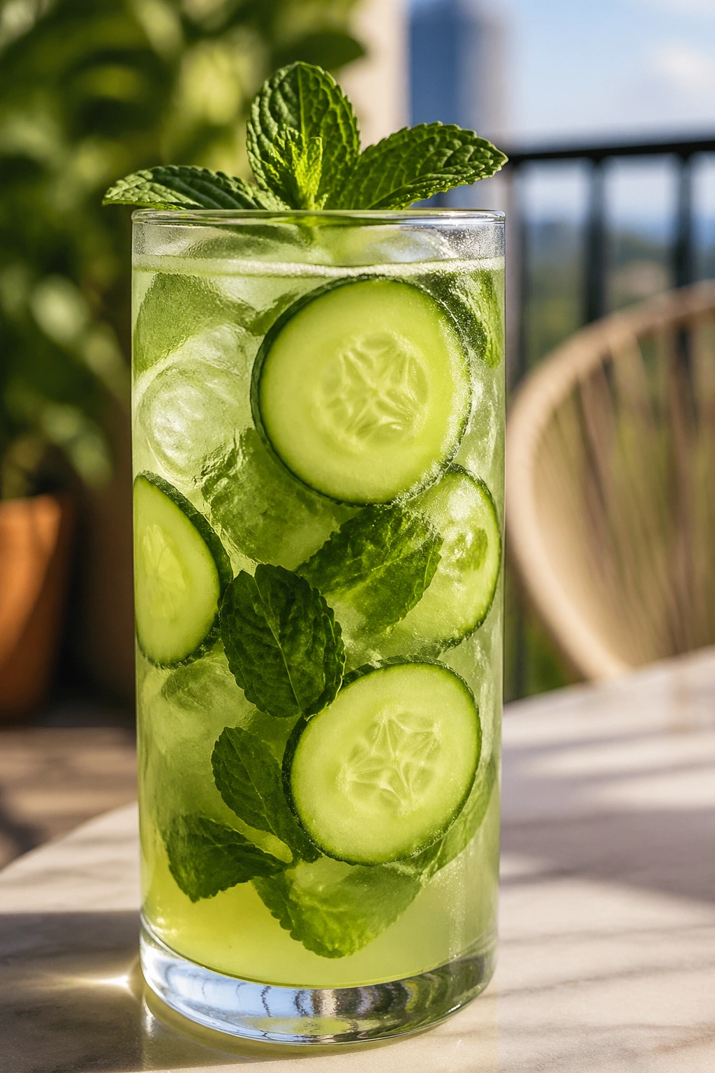 Cucumber mint cooler in a glass with cucumber and mint