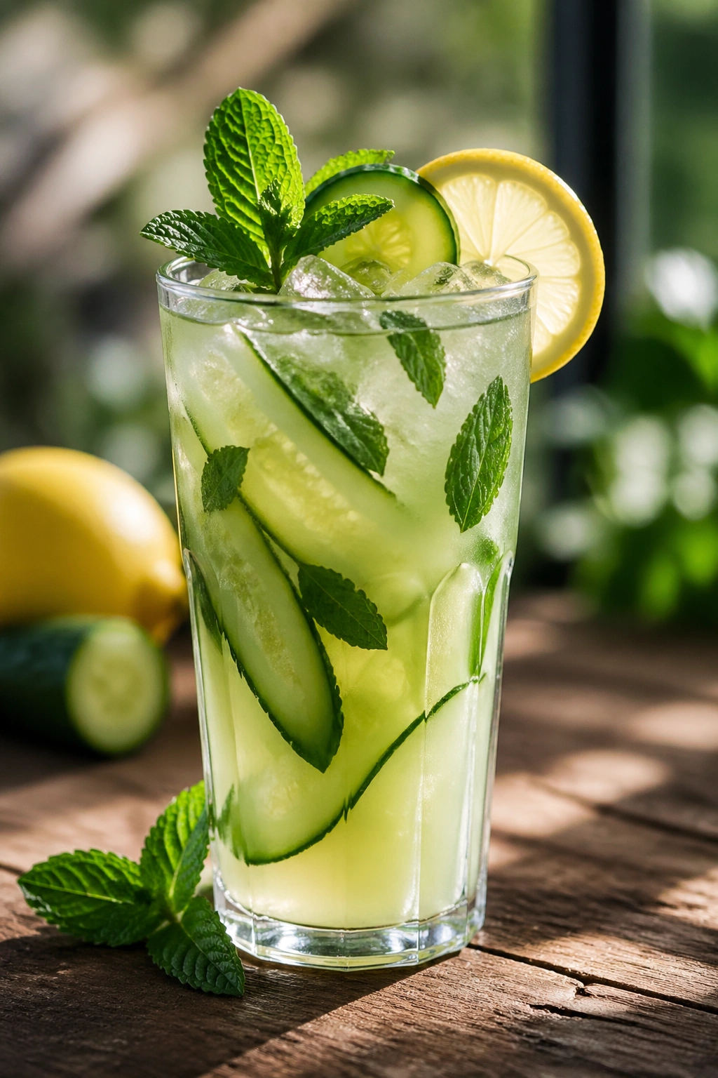 Tall glass of cucumber lemon mint cooler with mint and cucumber on a wooden table