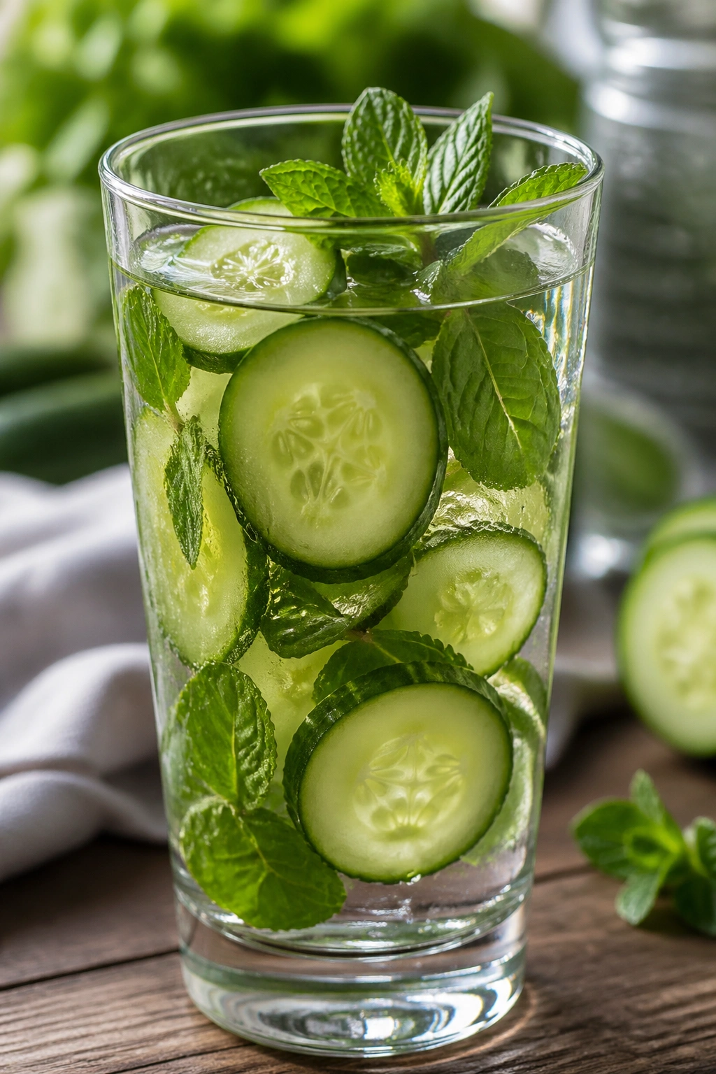 Glass of cucumber mint infused water with cucumber slices and mint