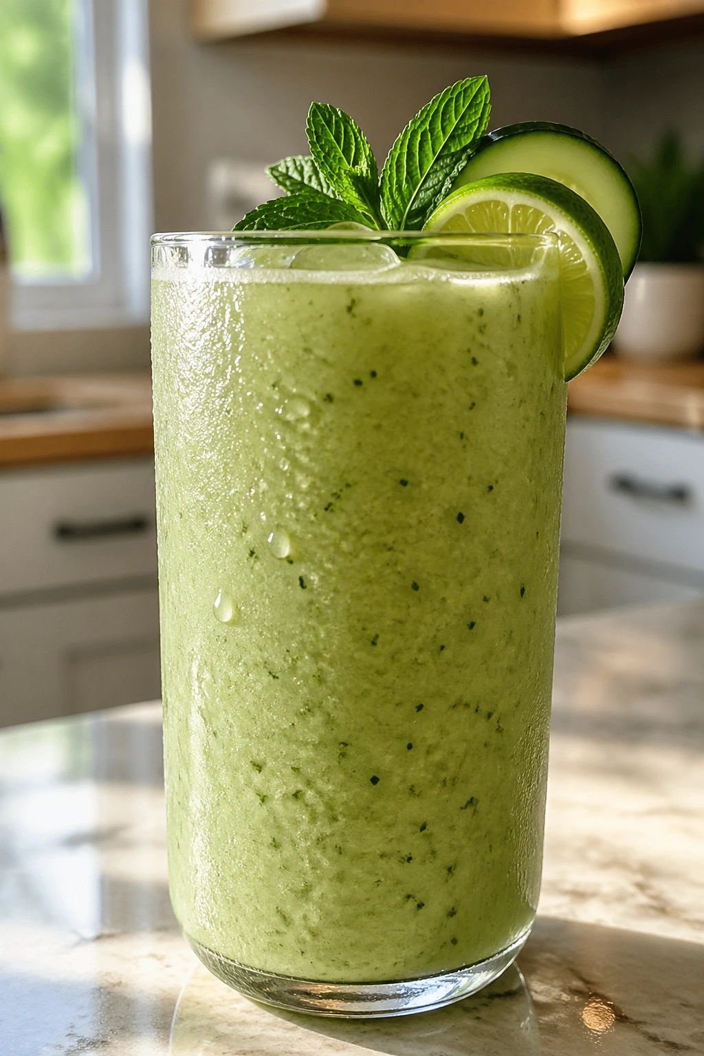 Close-up of a tall glass of pale green cucumber mint lime smoothie on a sunlit kitchen counter