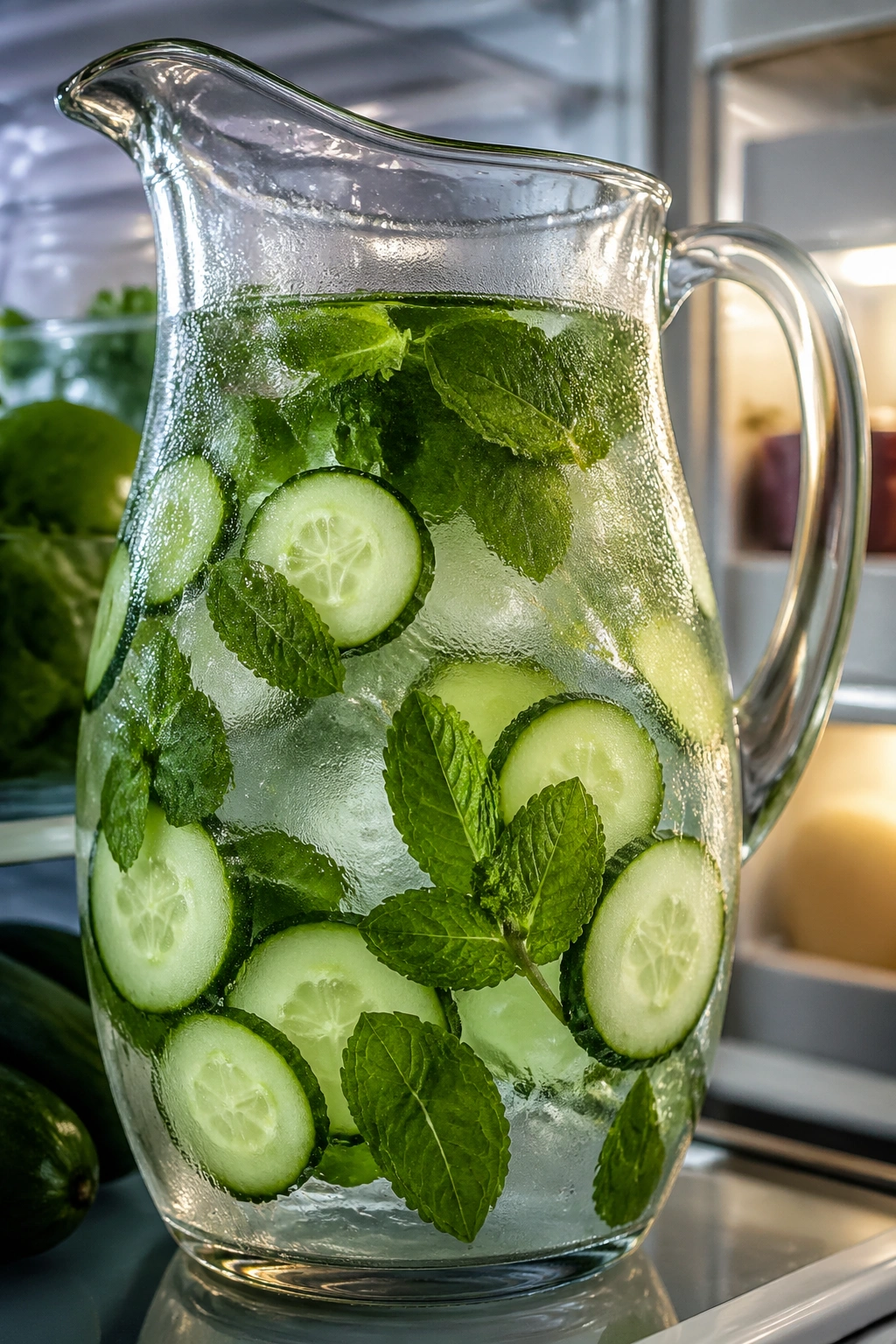 Close-up of a glass pitcher with cucumber slices and mint in water, in a fridge setting