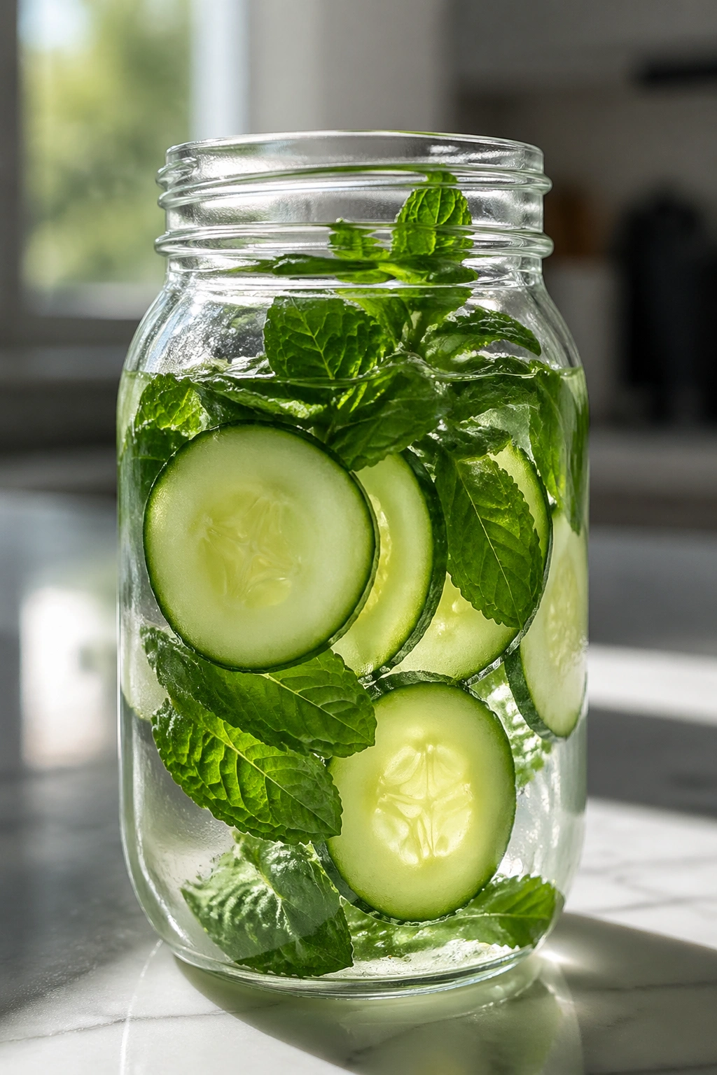 Close-up of cucumber mint water in a glass jar on a kitchen counter
