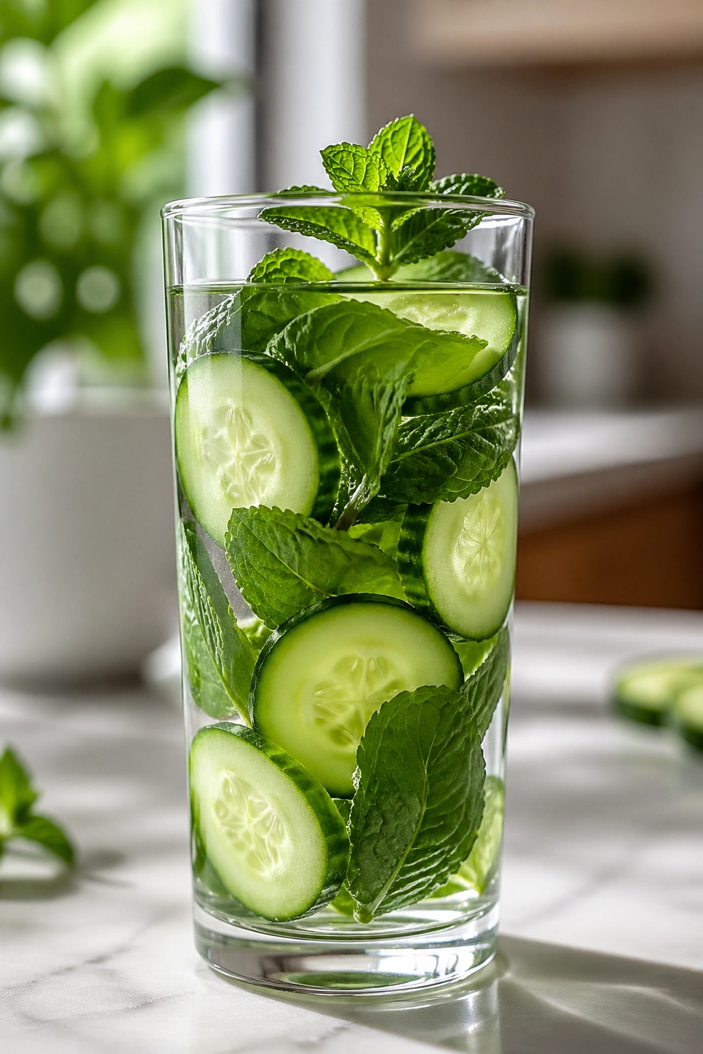 Glass of cucumber and mint water with cucumber slices and mint leaves