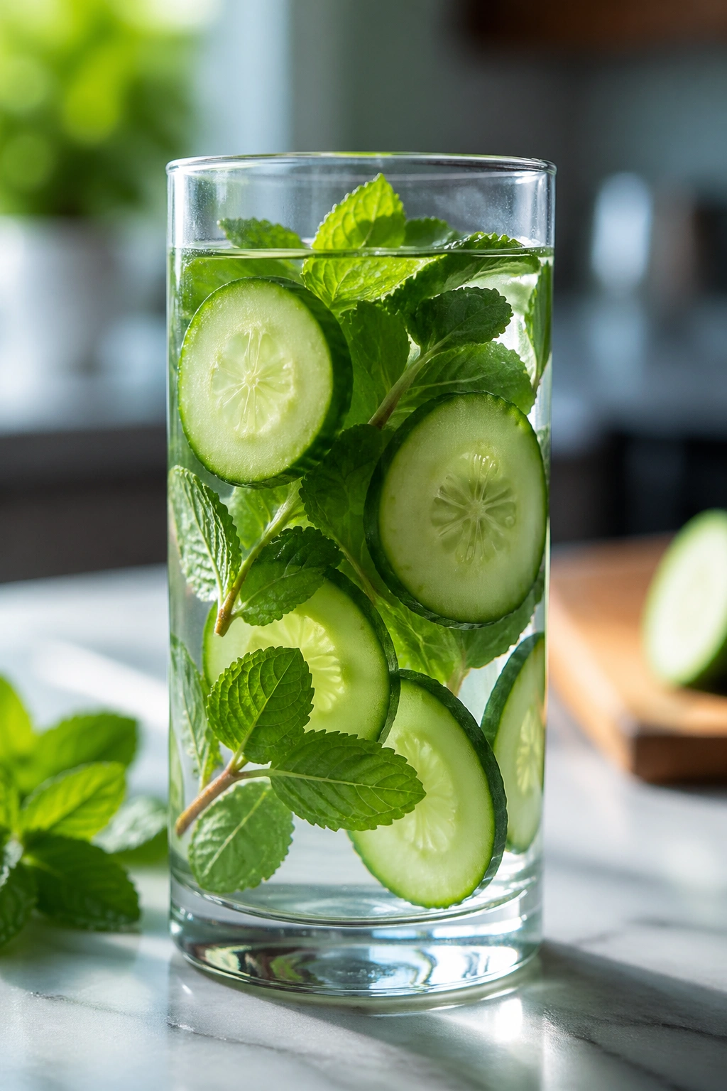 Close-up of cucumber mint water in a glass with cucumber slices and mint