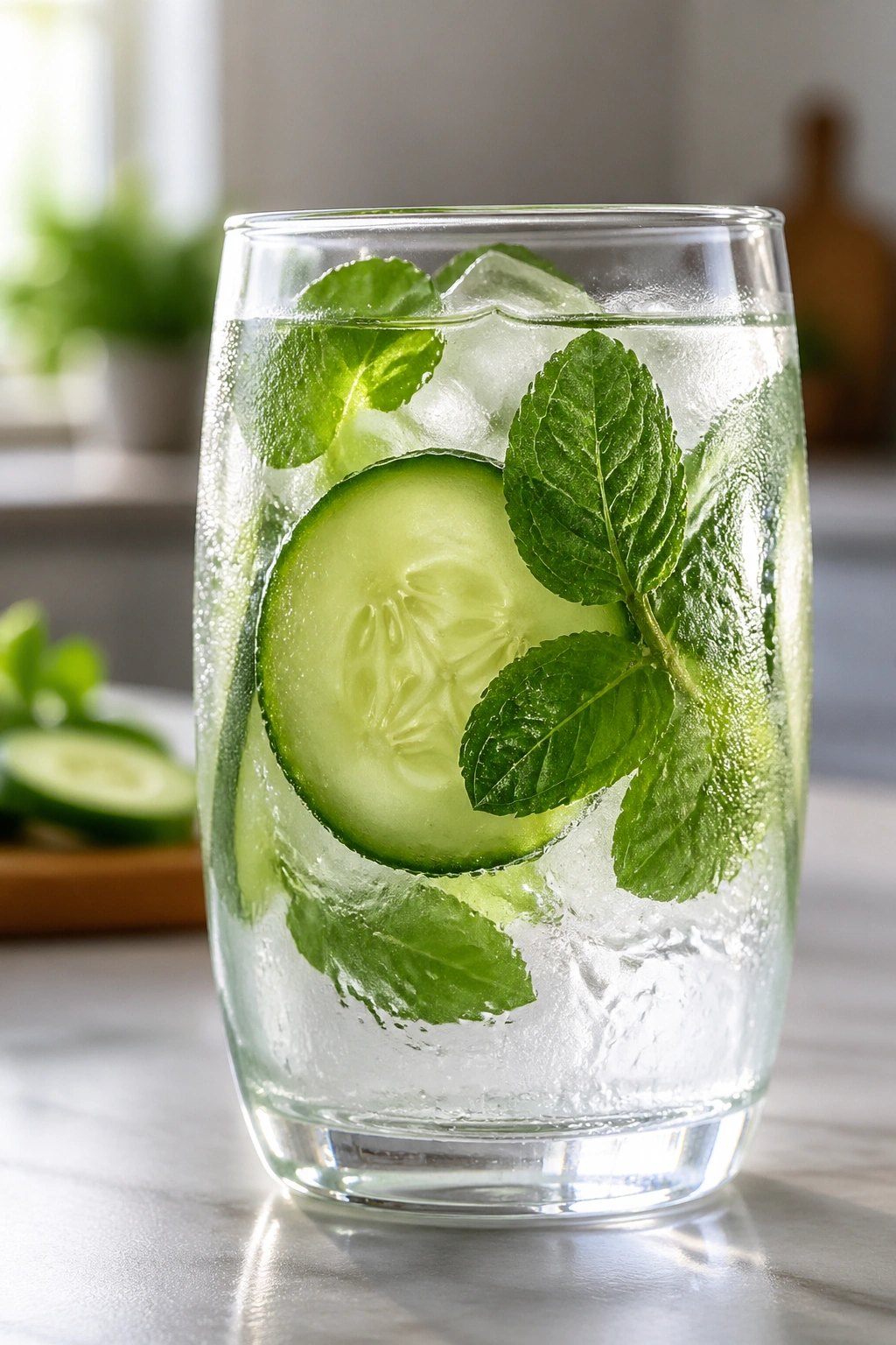 Close-up of cucumber mint water in a glass with cucumber slice and mint