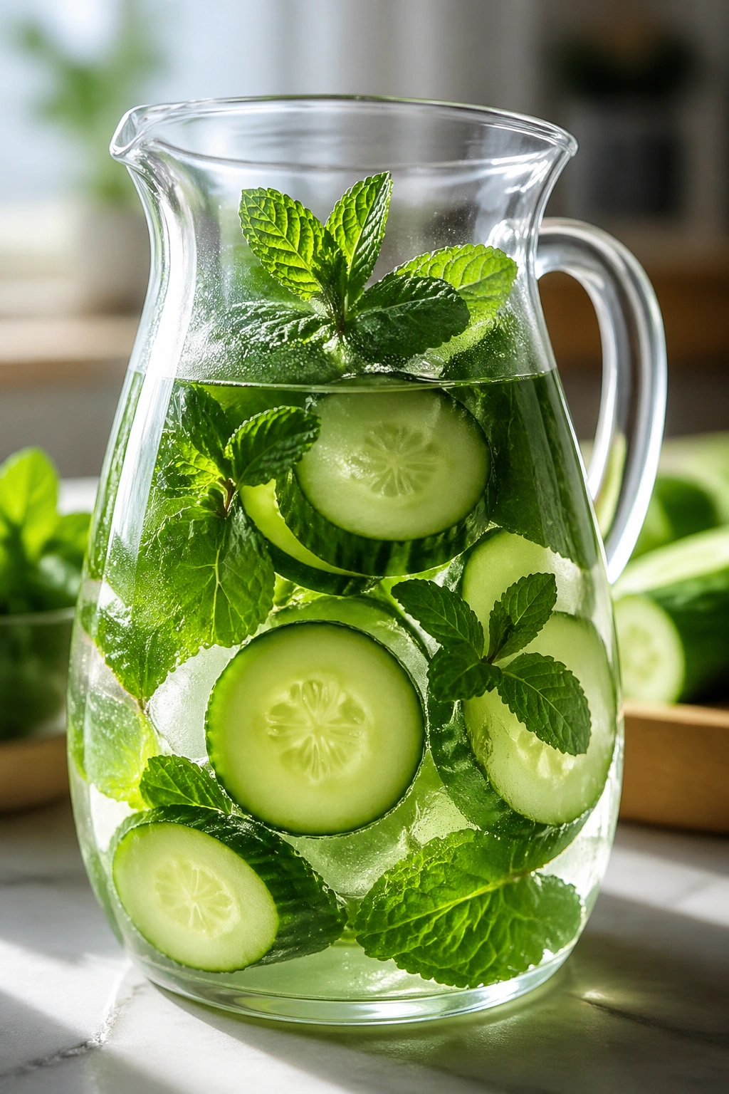 Close-up of cucumber and mint infused water in a glass pitcher on a sunlit kitchen counter