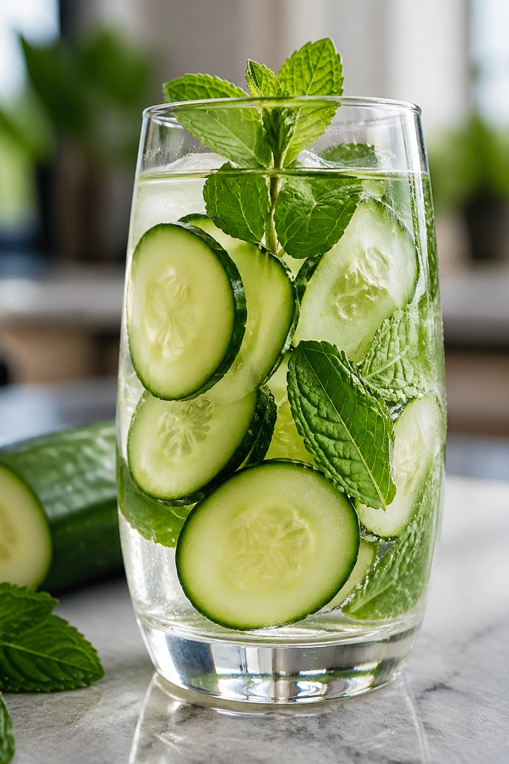 Close-up of cucumber mint water in a glass with cucumber slices and mint on a modern kitchen counter