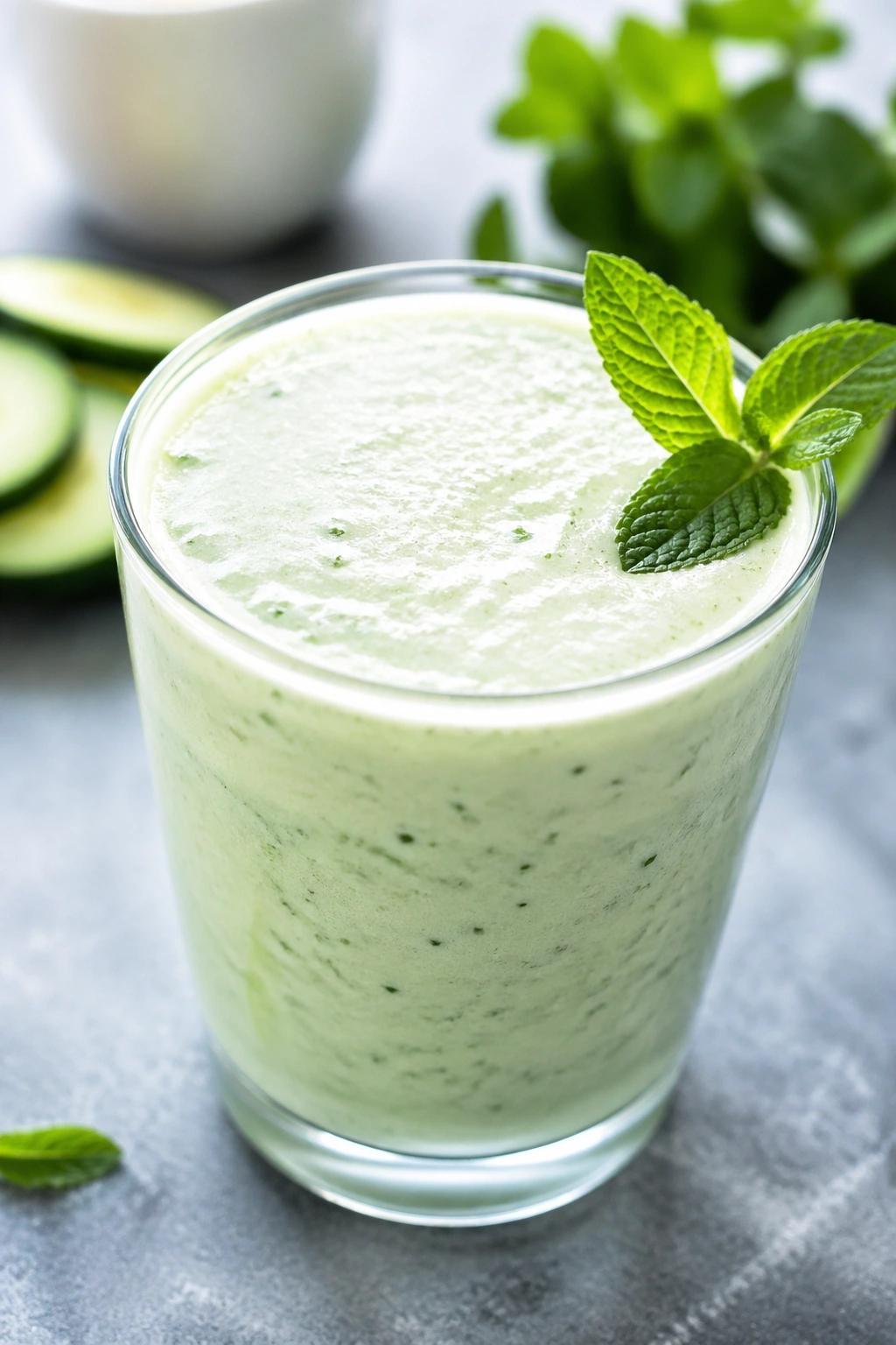 Cucumber Mint Yogurt Smoothie in a glass with mint on the rim