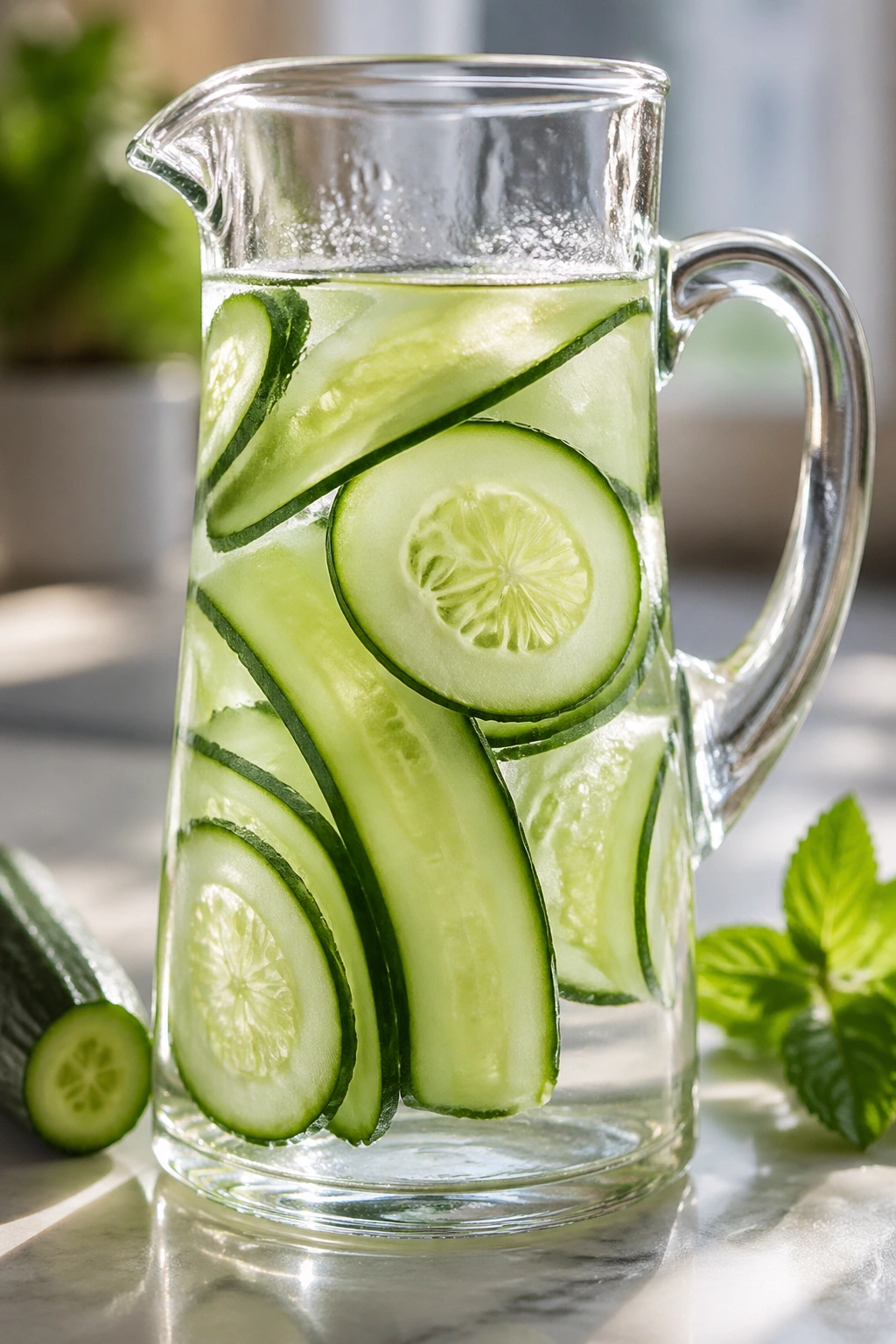 Close-up of cucumber water in a glass pitcher highlighting hydration and flavor