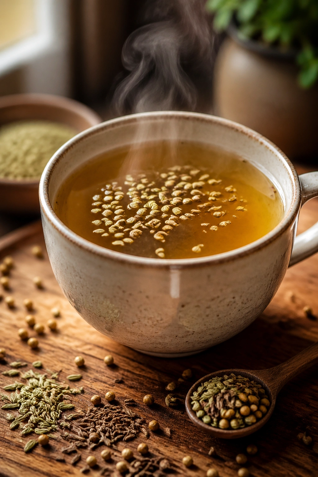 Steaming cup of cumin coriander fennel tea in a kitchen setting