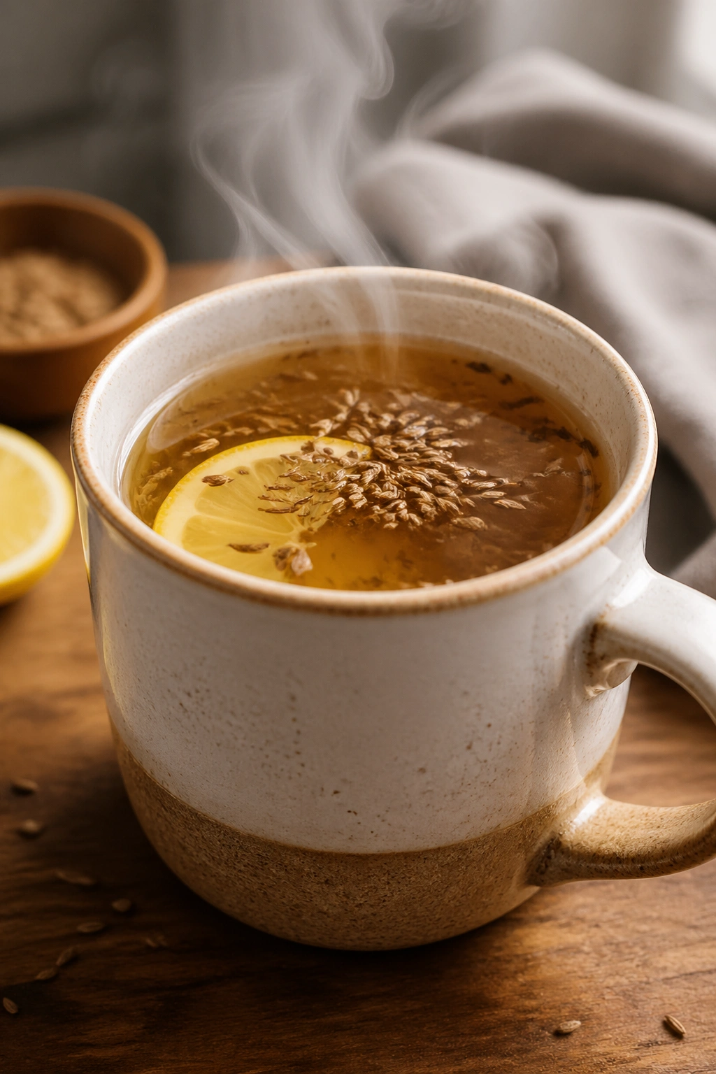 Steaming mug of cumin-lemon warm water in a cozy kitchen