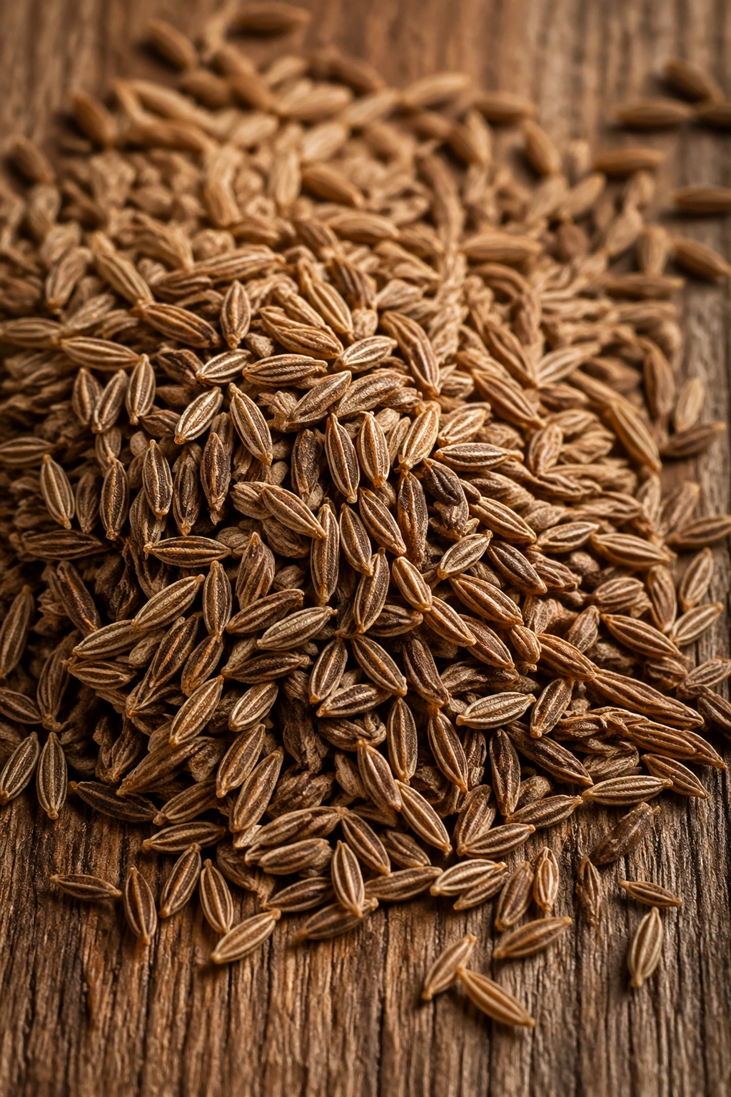Close-up of cumin seeds on wood