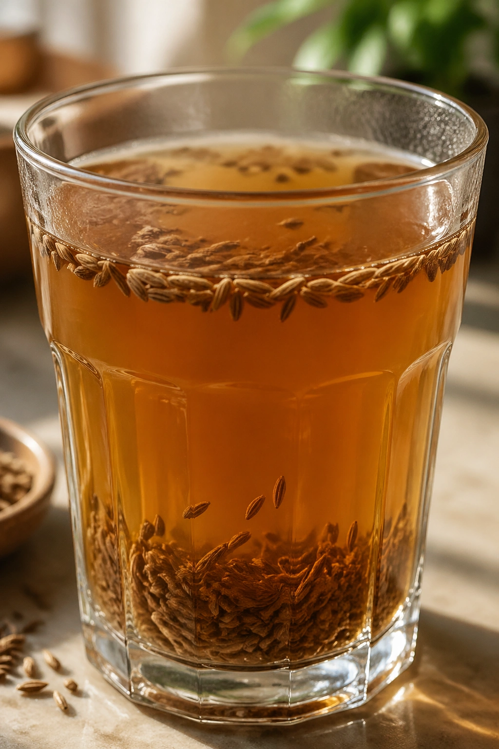Close-up of cumin seed water in a glass on a kitchen counter