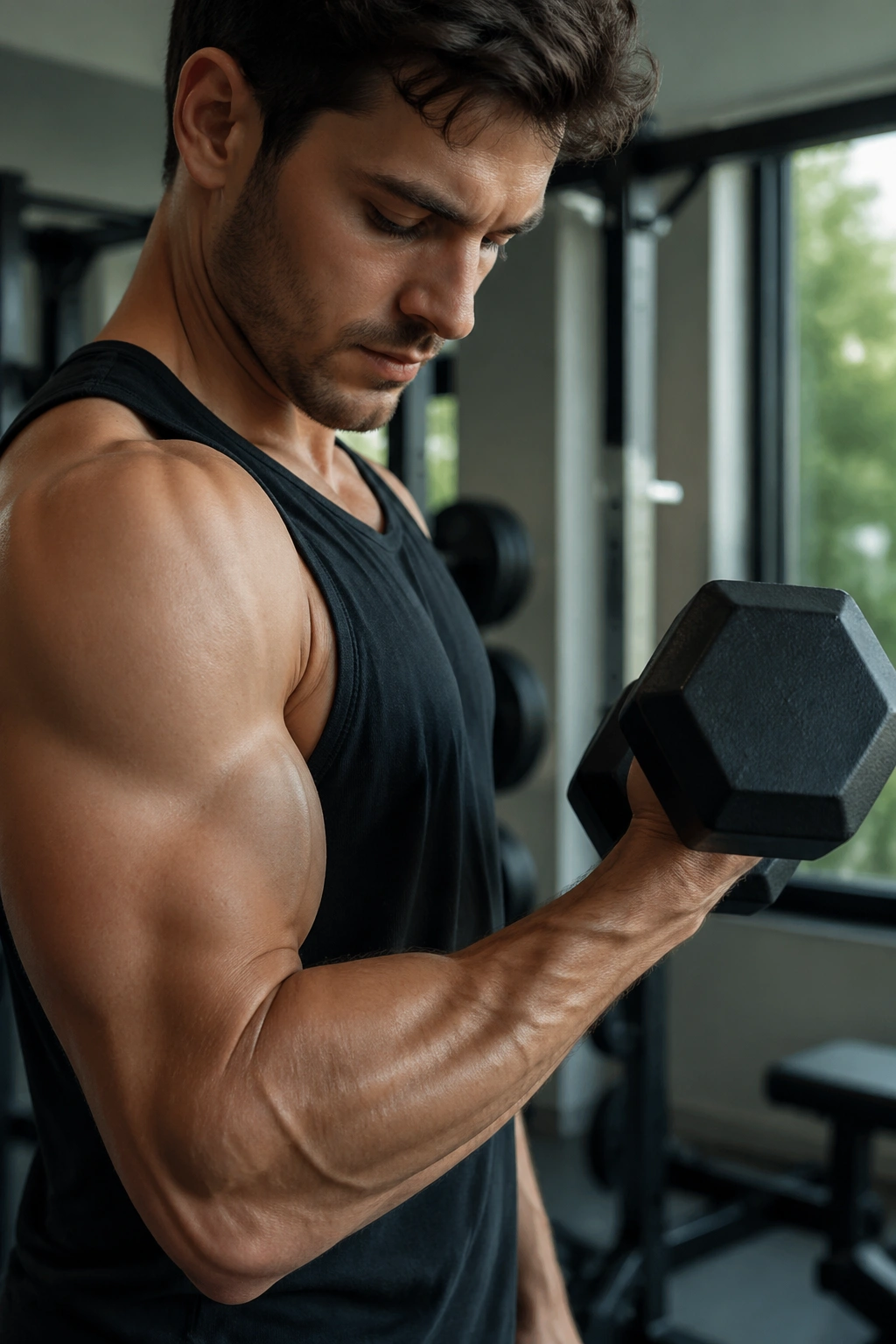 Arm workout curl-row-press with dumbbell in hand