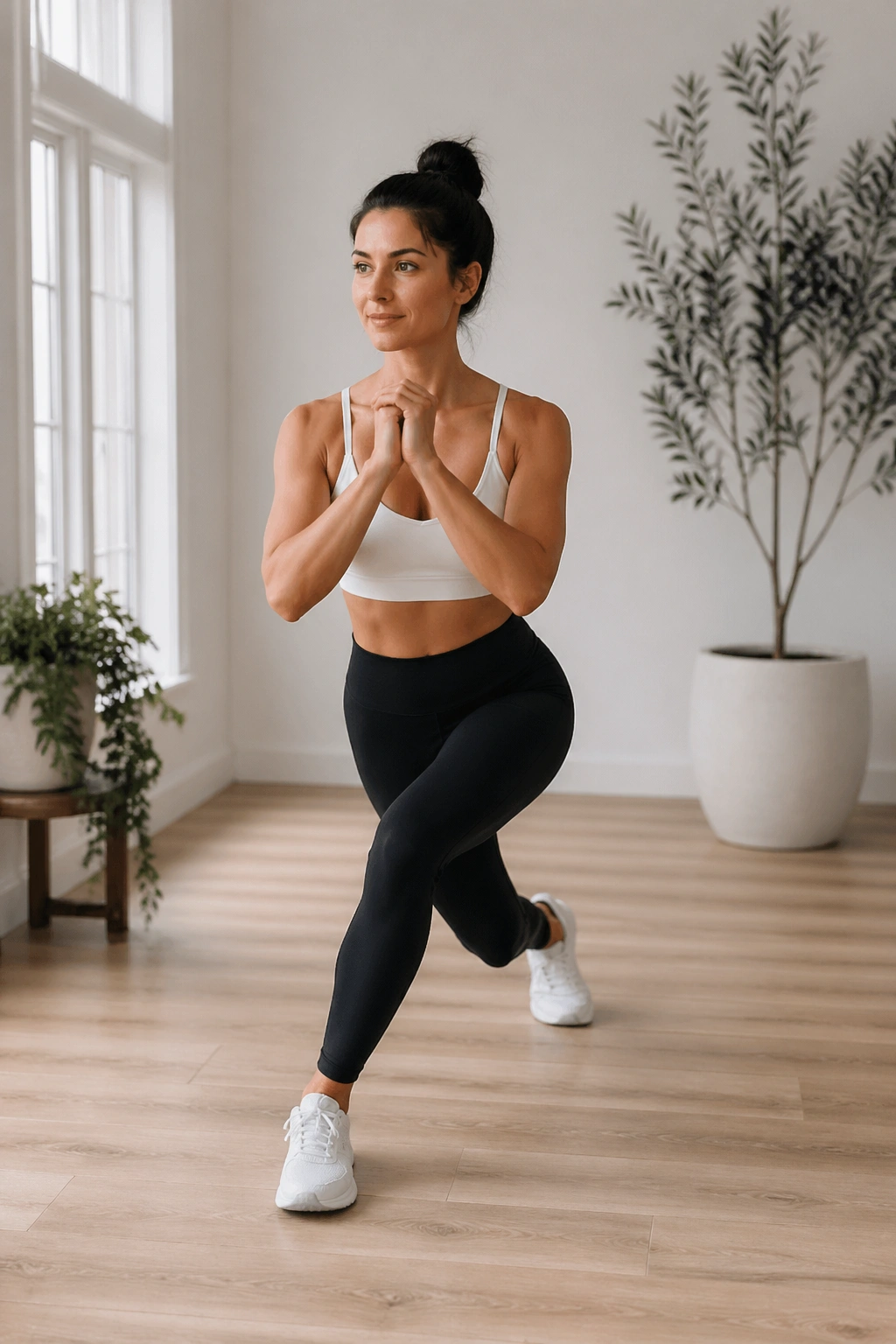 Curtsy lunge pulses in a bright home studio showing knee alignment and hip engagement