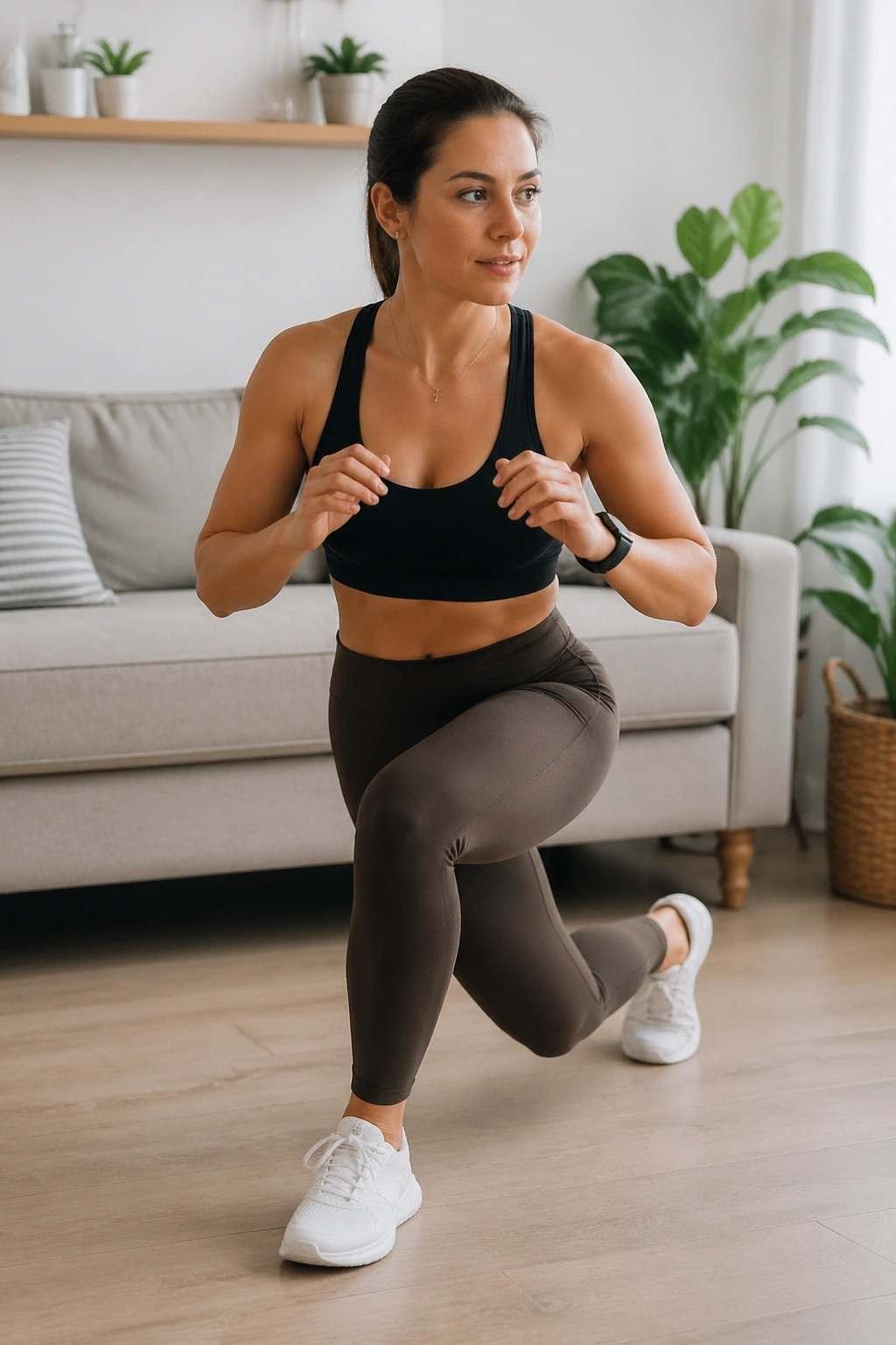 Real person doing curtsy lunge in a living room