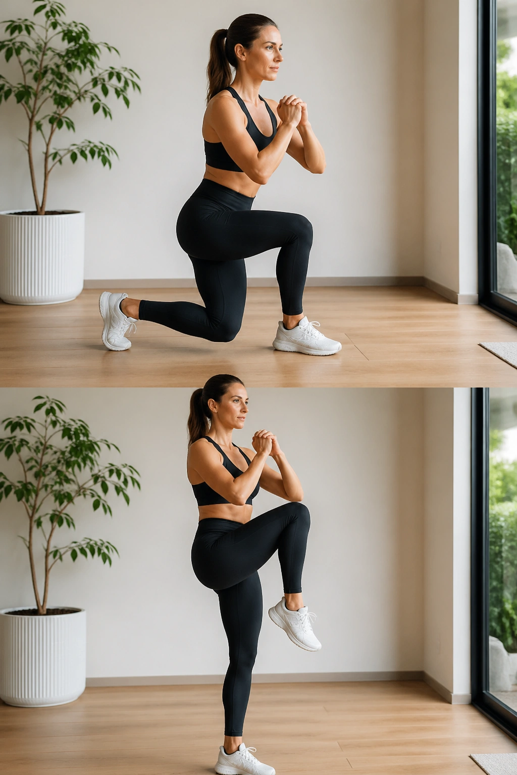 Side view of real person performing curtsy squat to knee drive