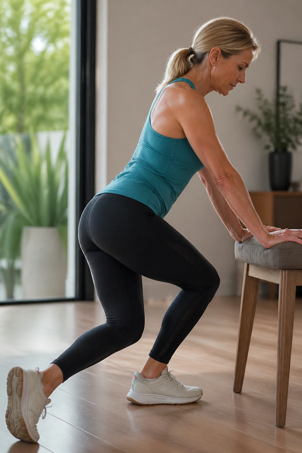 Woman performing curtsy step-back with small cross behind