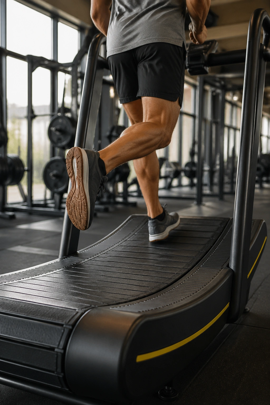 Runner on curved treadmill in gym