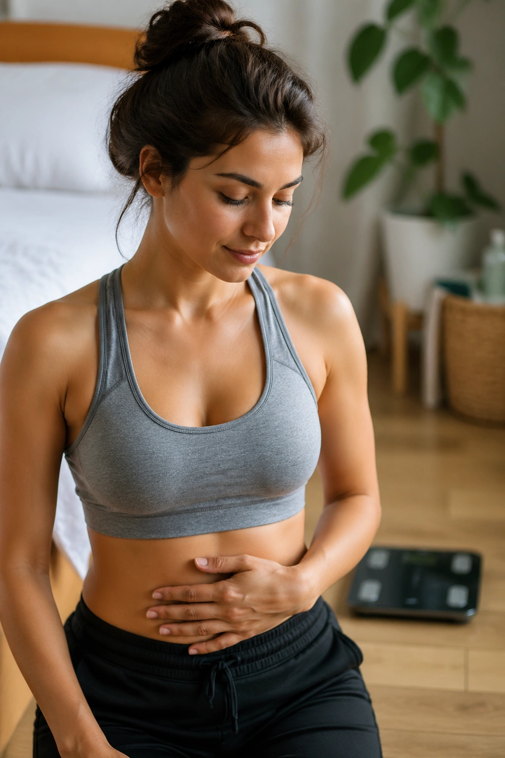 Woman in a cozy room with a blurred scale in the background, illustrating cycle tracking with weigh-ins.