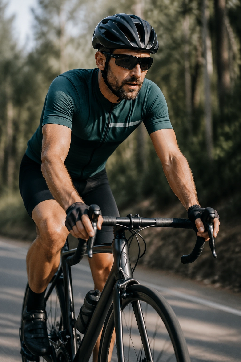 Cyclist in action on a bike outdoors or in a gym