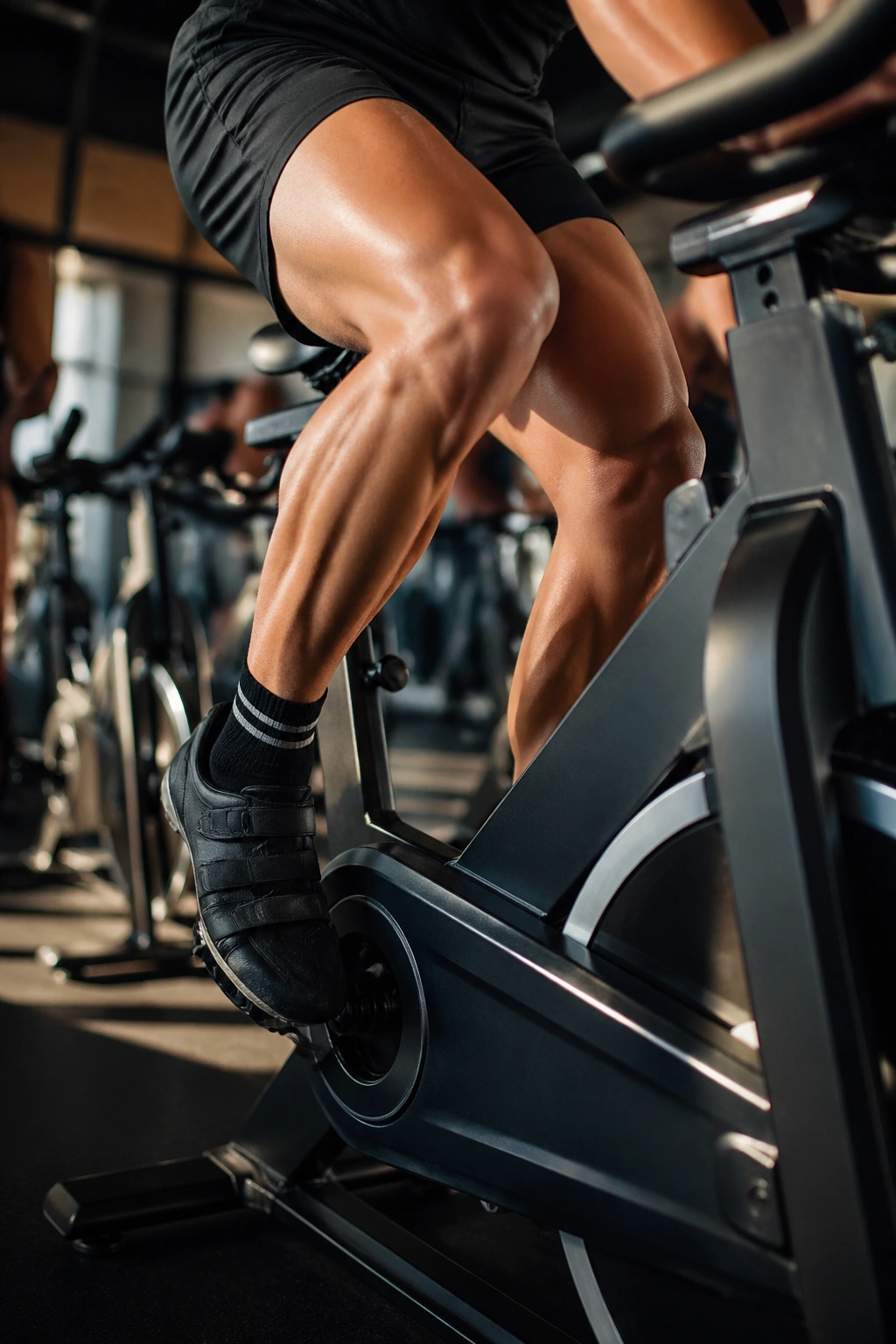 Person performing cycling intervals on stationary bike in gym