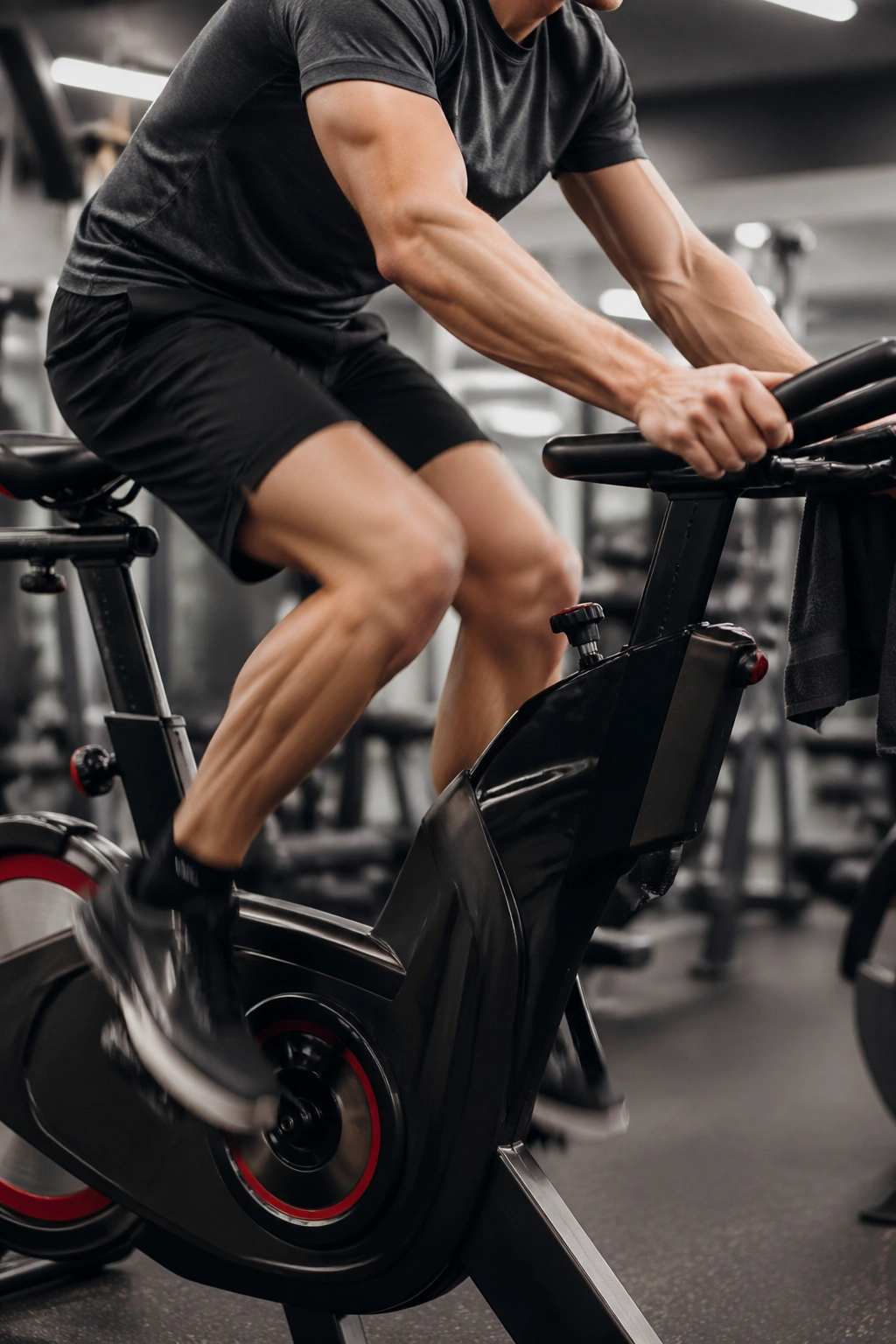 Athlete cycling on a stationary bike during sprint intervals.