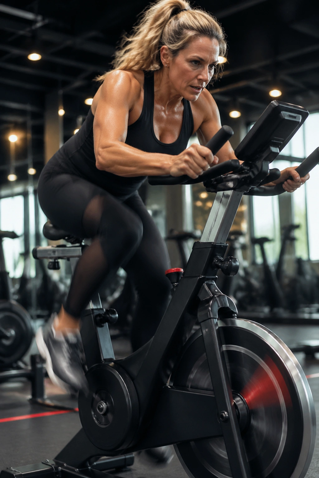 Person on stationary bike performing cycling sprints in a gym