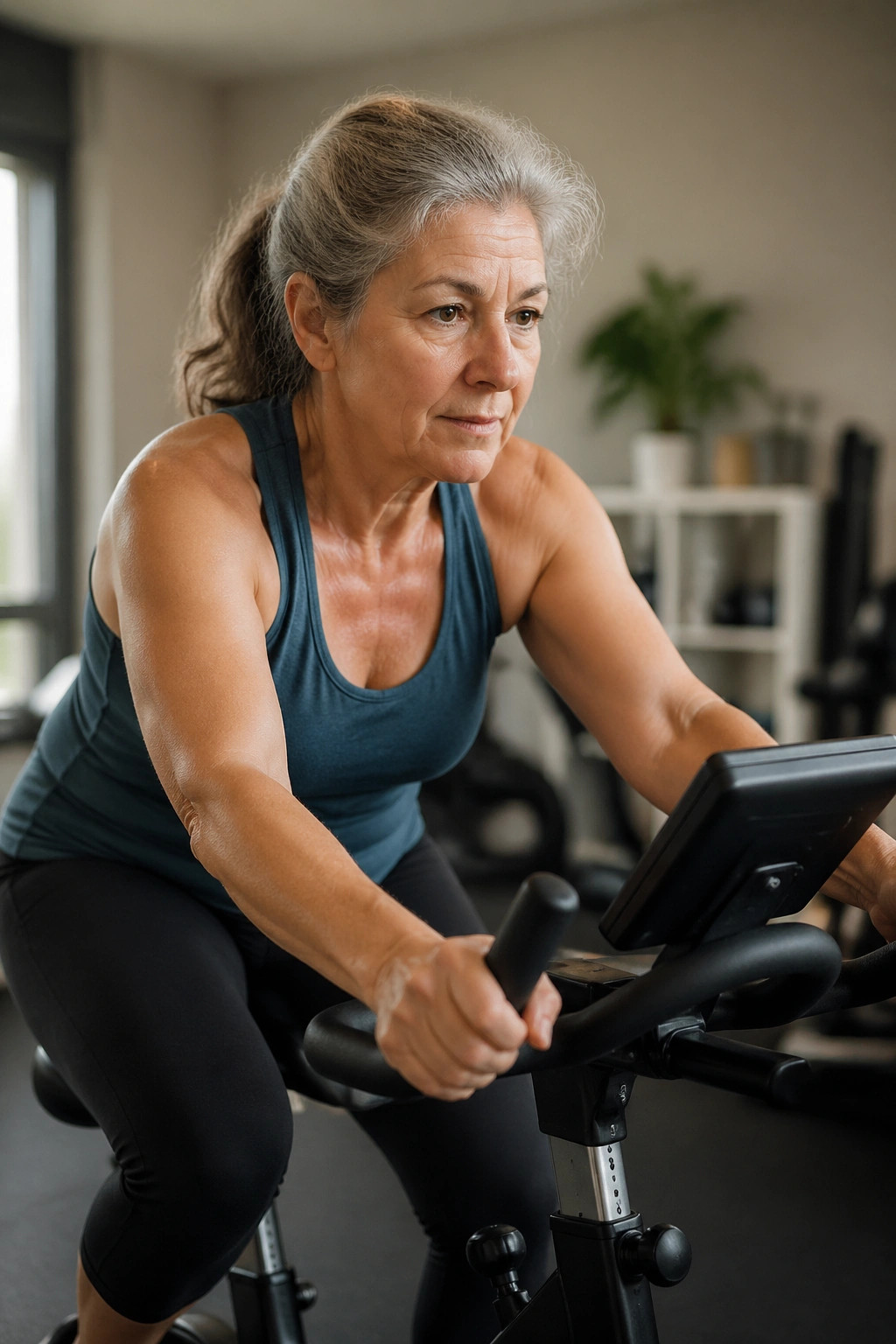 Older woman cycling on stationary bike in home gym