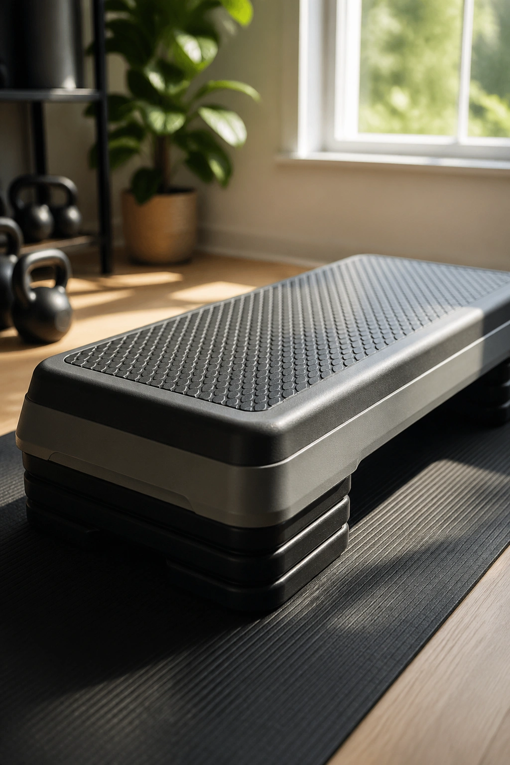 Close-up of a daily step floor platform in a bright home gym