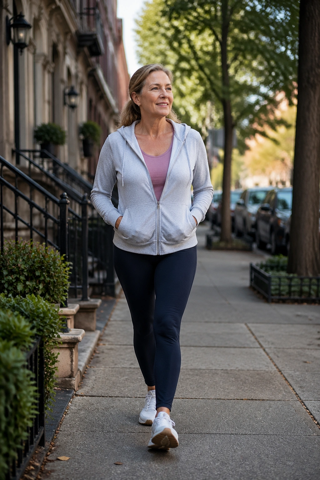 Woman walking on city sidewalk to boost daily steps.