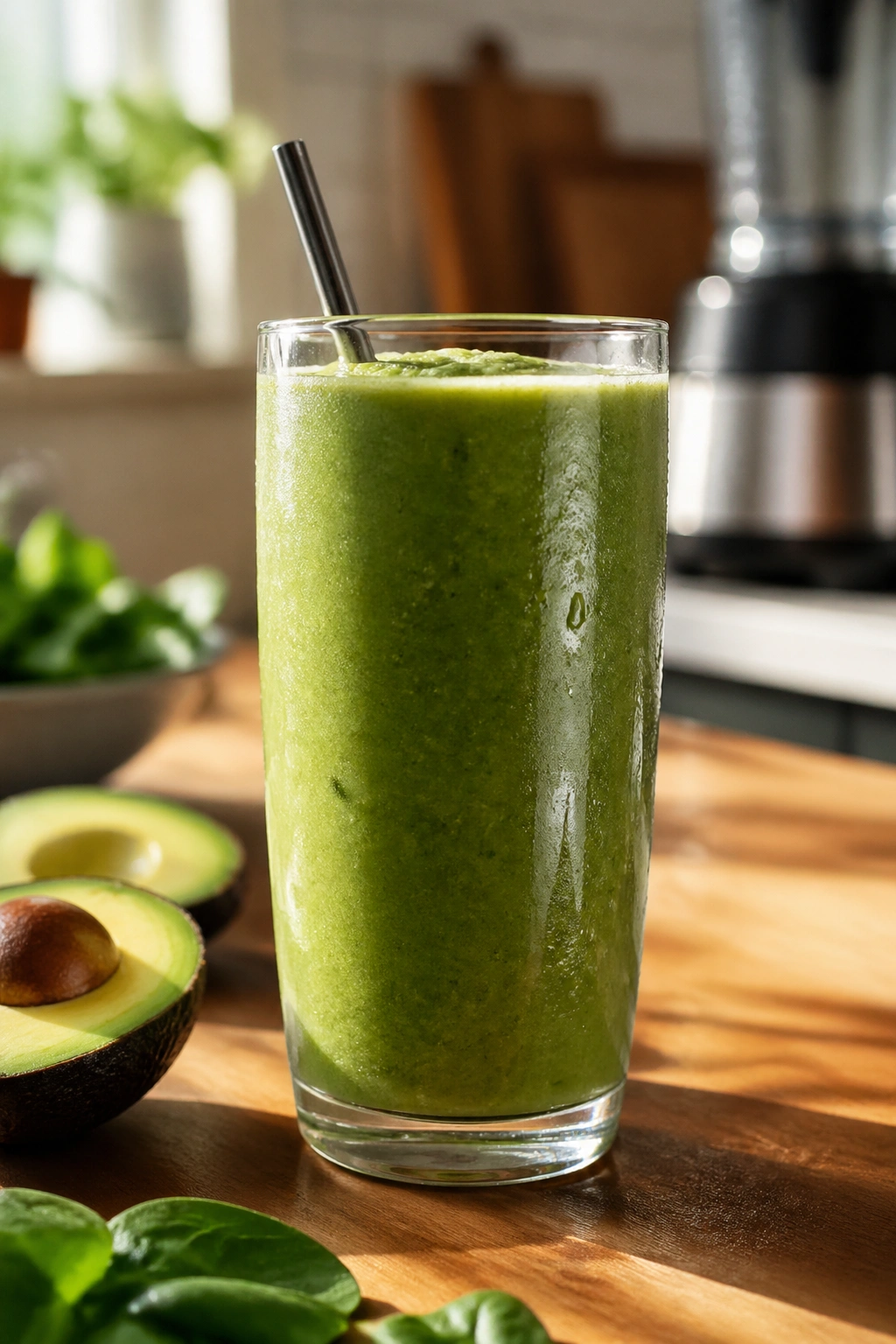 Close-up of a glass of green dairy-free smoothie on a wooden kitchen counter