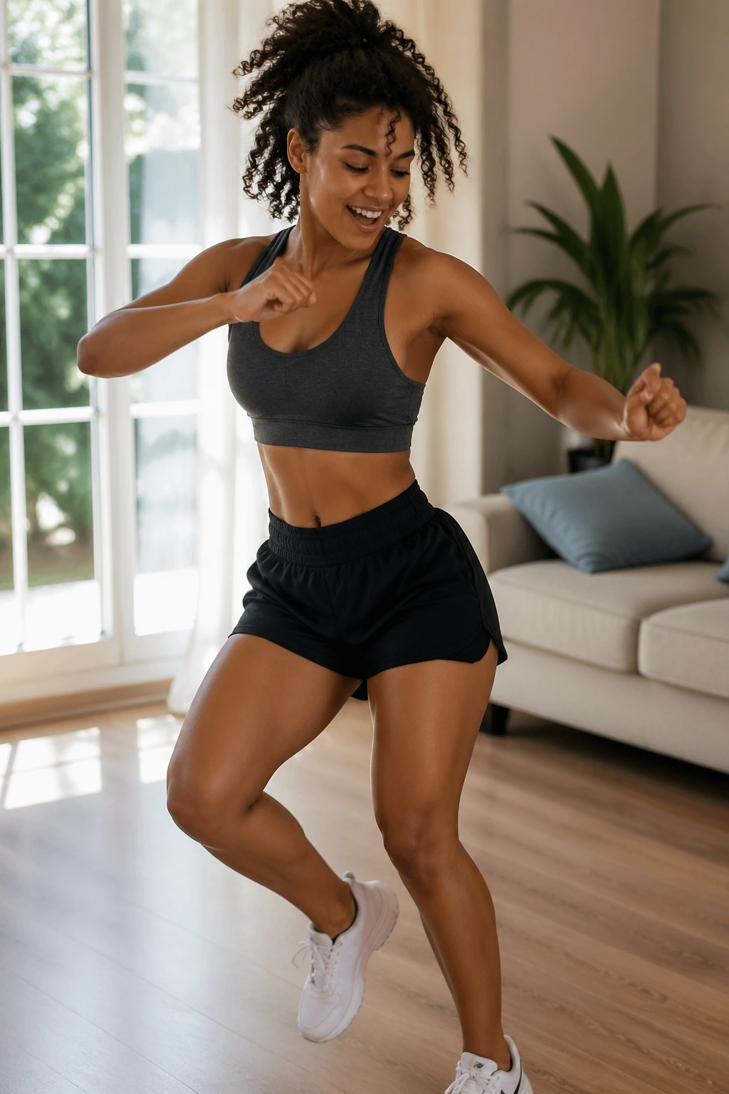 Mid-shot of a person performing dance cardio bursts in a living room.