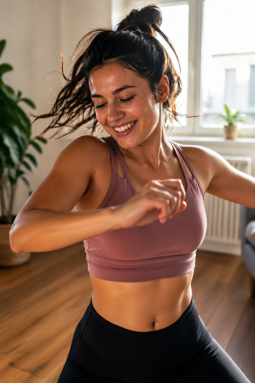Close-up of a real person dancing indoors in a living room.