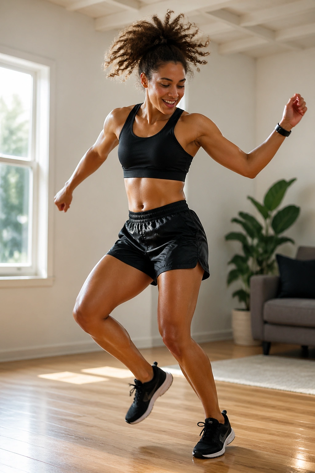 Real person dancing energetically in a bright living space