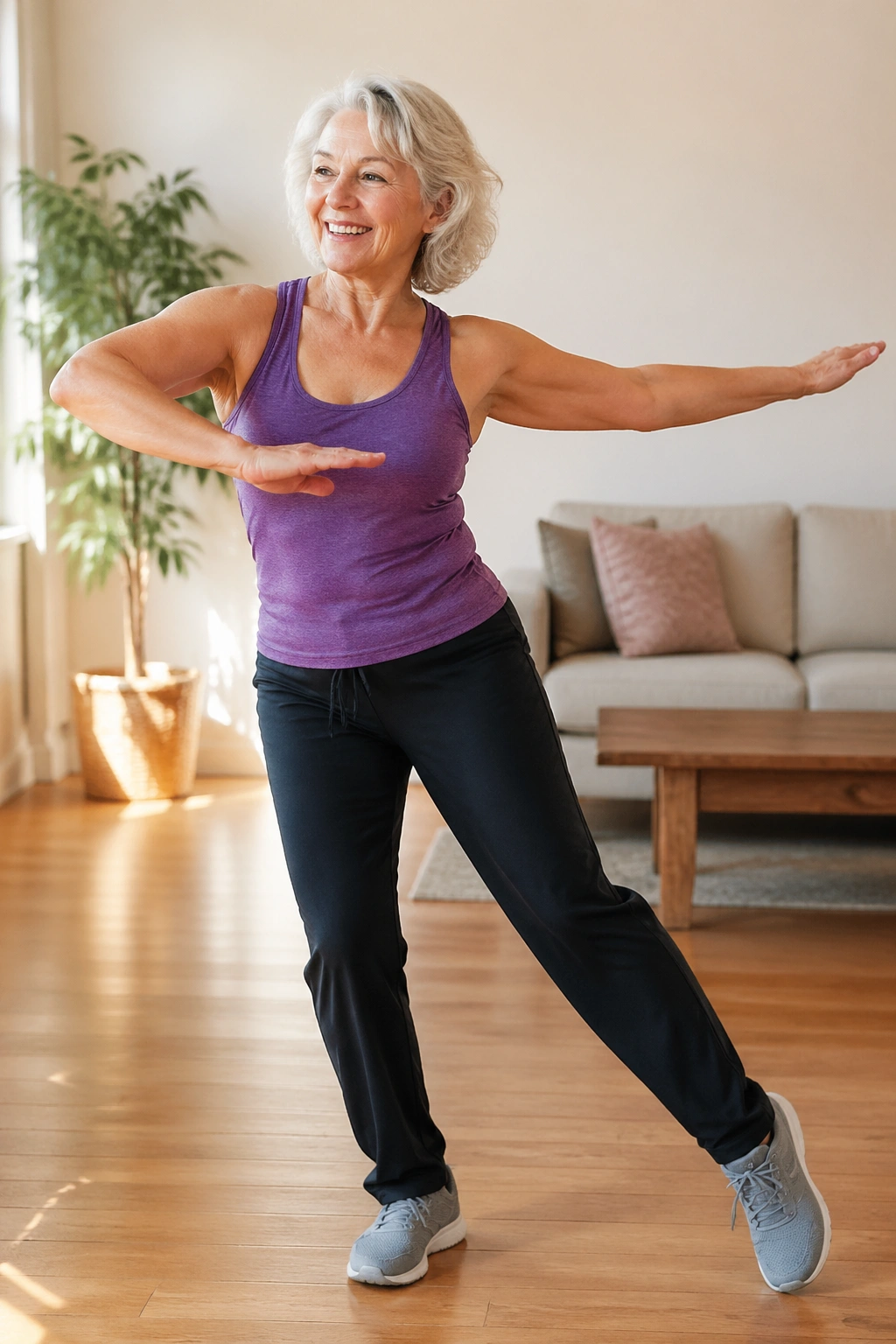 Real person performing low-impact dance cardio in a bright living room