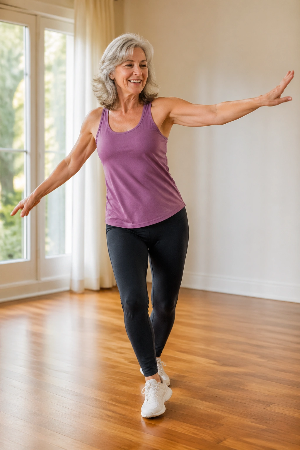 Older woman dancing in a living room for low-impact cardio.