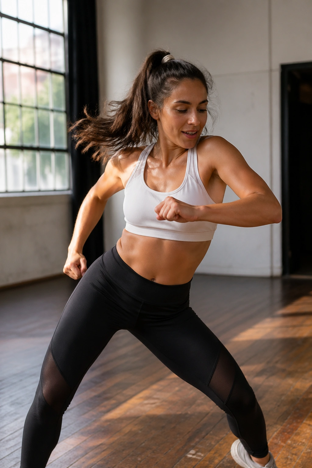 Person dancing in a studio mid-move for cardio circuit
