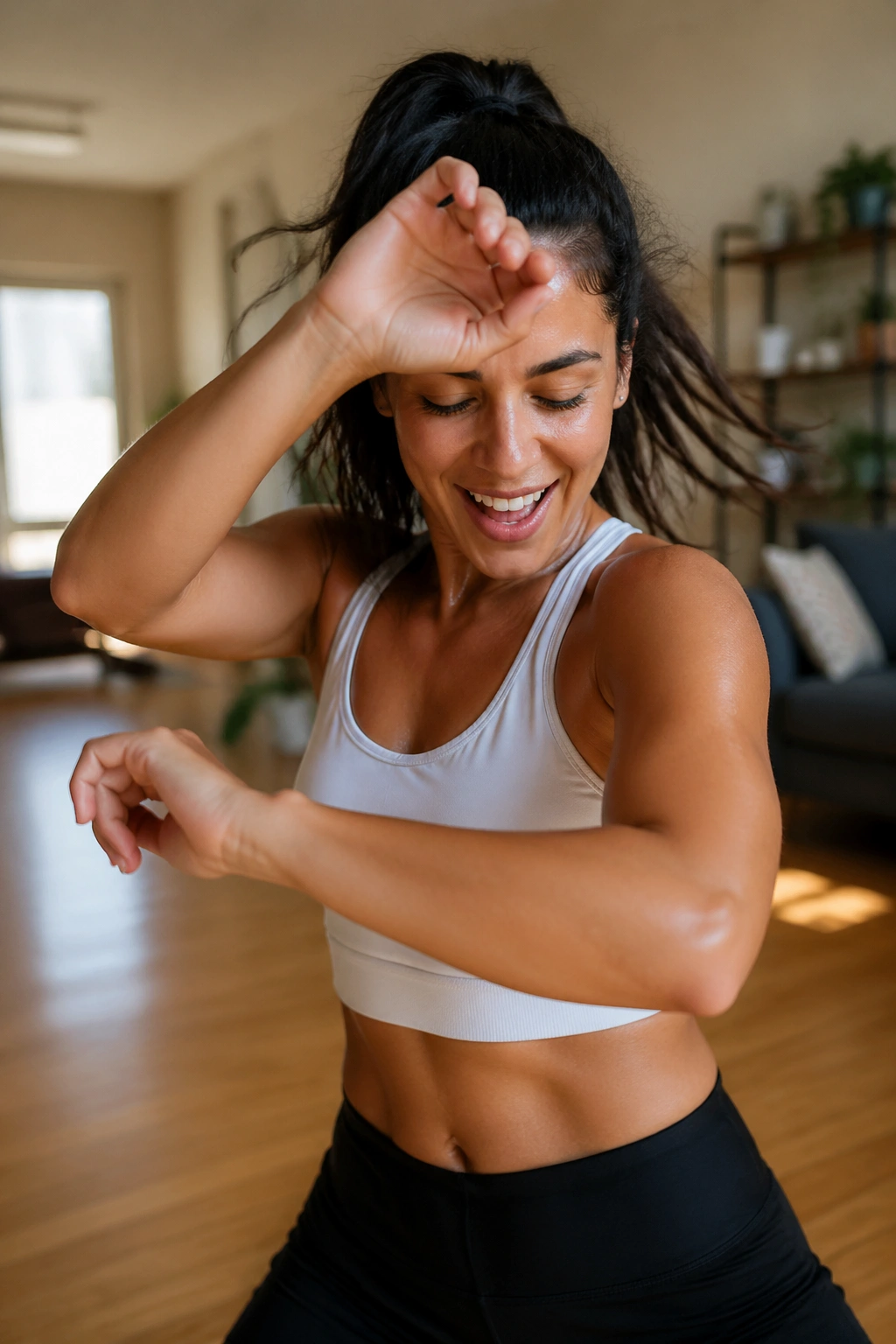 Close-up of a dancer mid-movement during a dance cardio session in a warm living room studio