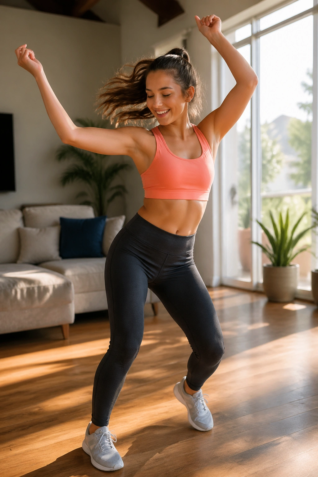 Teen girl dancing in a bright living room for fun cardio.